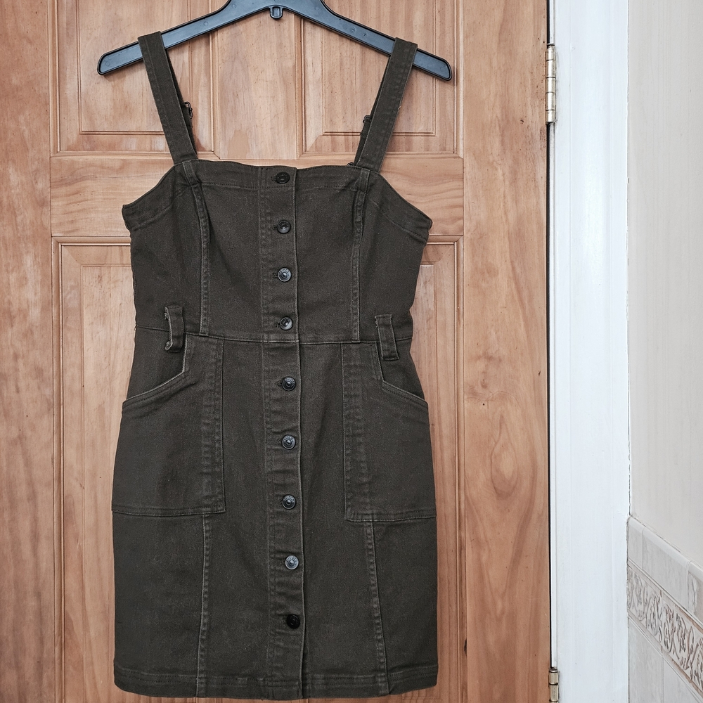 H&M Divided Olive Green Button-Down  Overall Denim Dress With Adjustable Strap